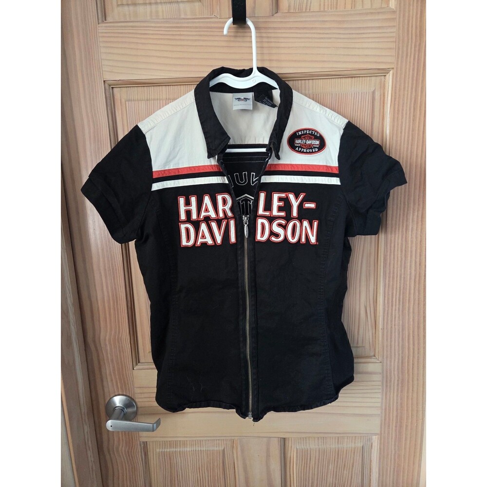 Harley Davidson Women's Zip Up Collared Short Sleeve Shirt Black Orange Large